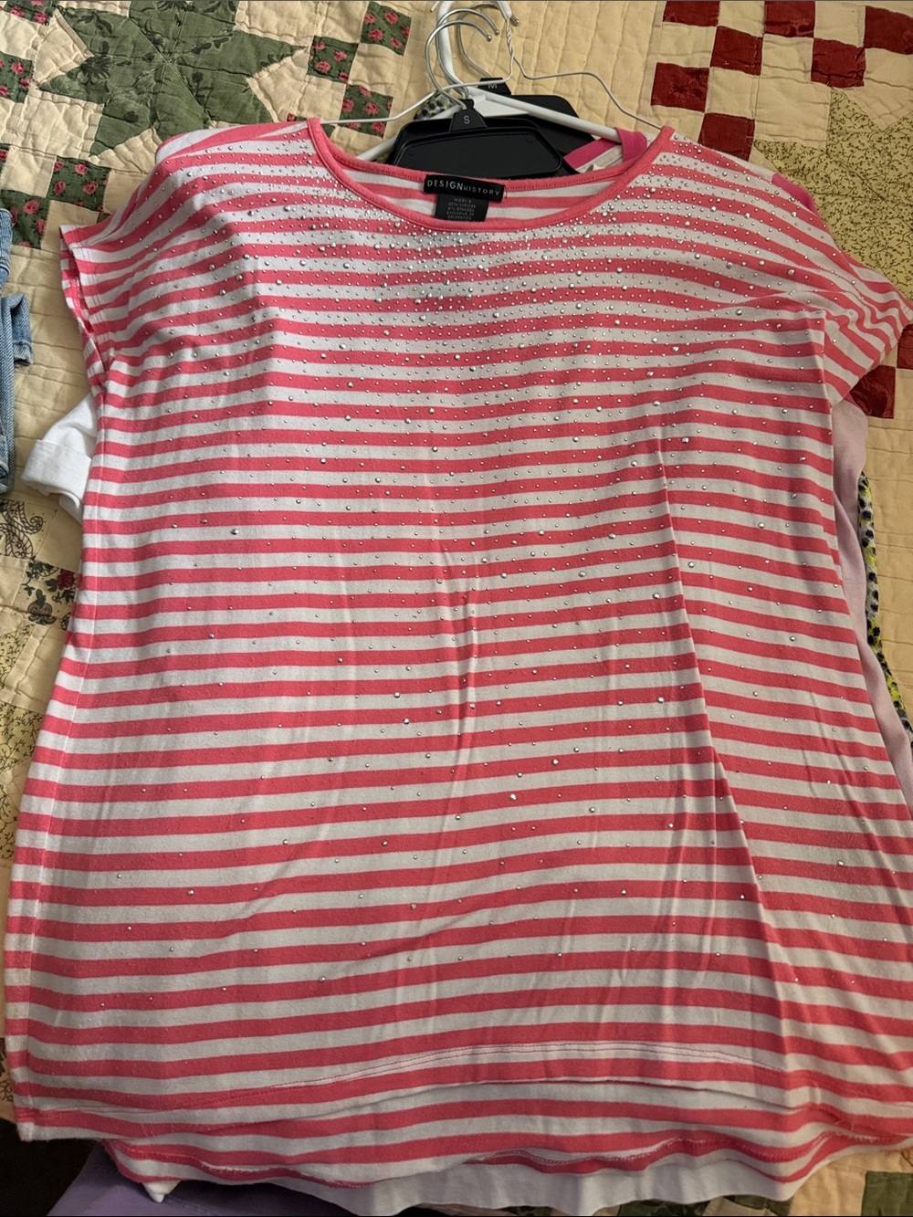 Design History Coral Pink and White Striped Short Sleeve Tee with Rhinestones
